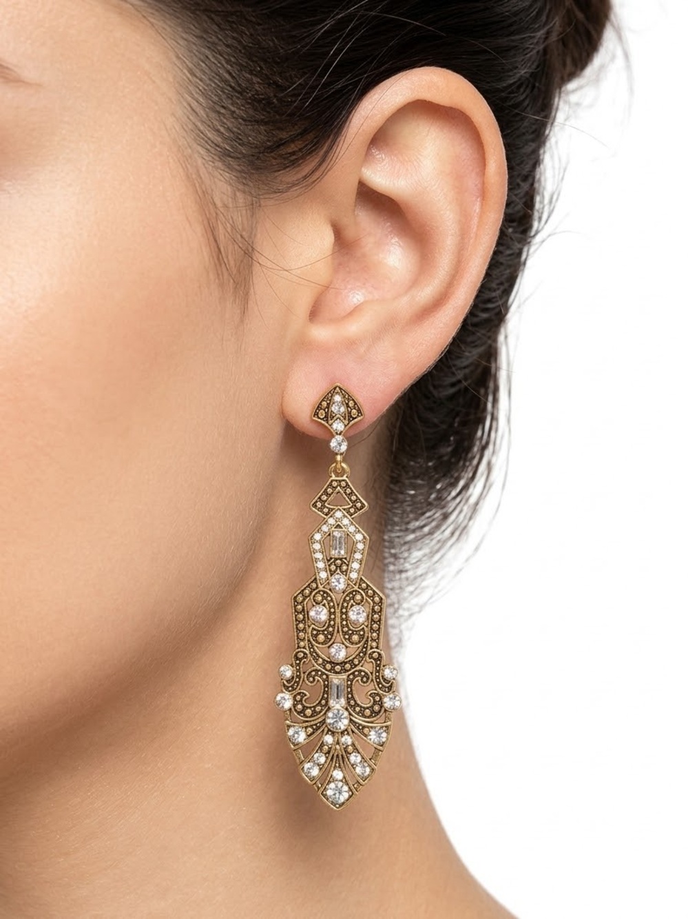 Gold Crystal Drop Filigree Earrings - Women Jewelry